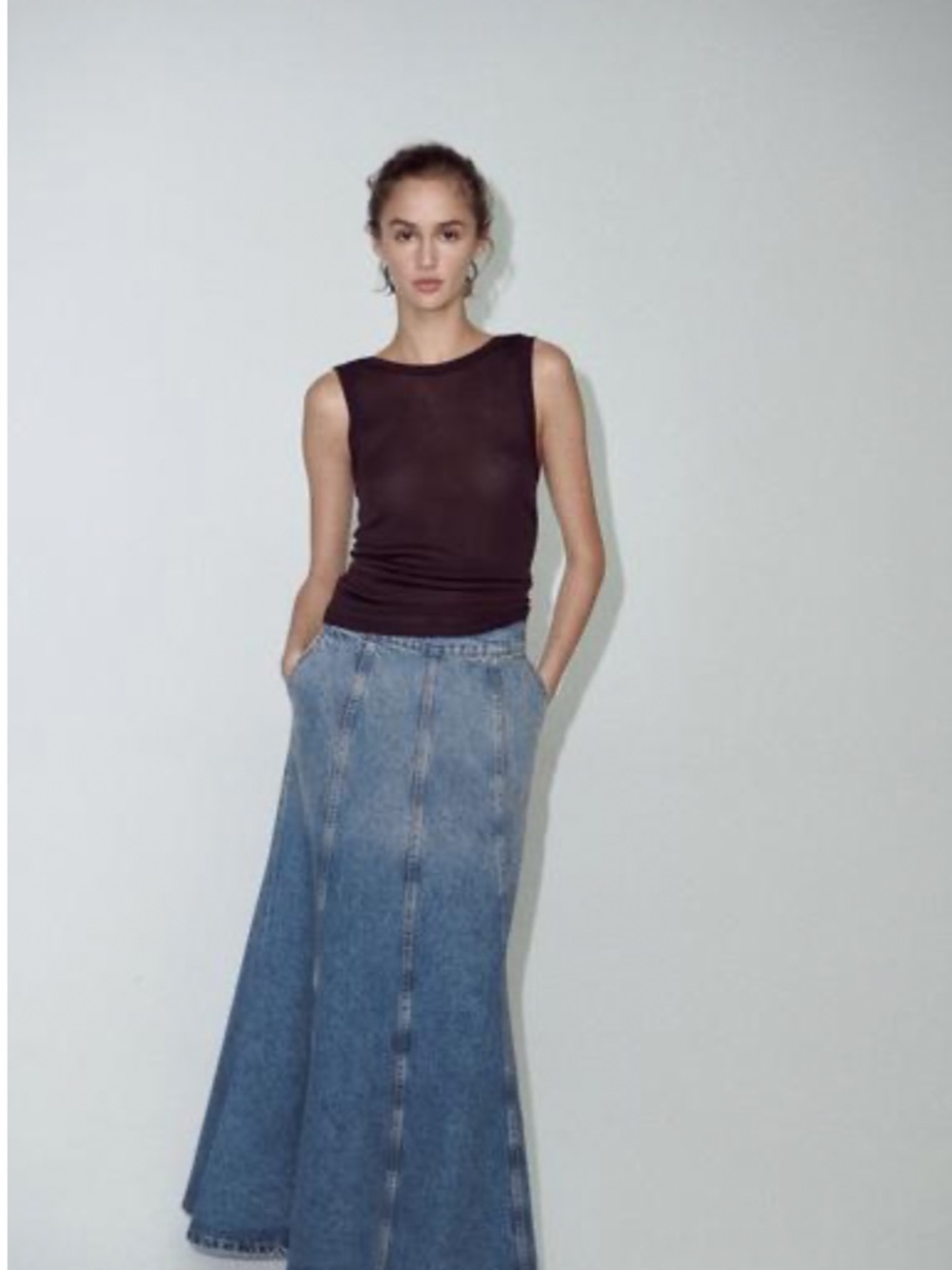 Zara ZW Long Denim Skirt Flared Paneled Maxi Blue size L
